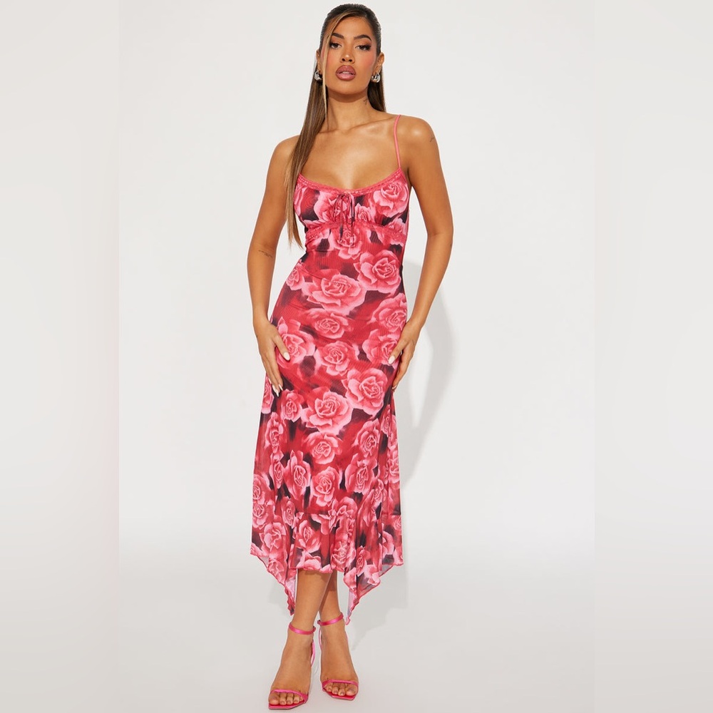 Justify Afternoon Delight Mesh Midi - Red/combo Womens Floral Dress Size Medium